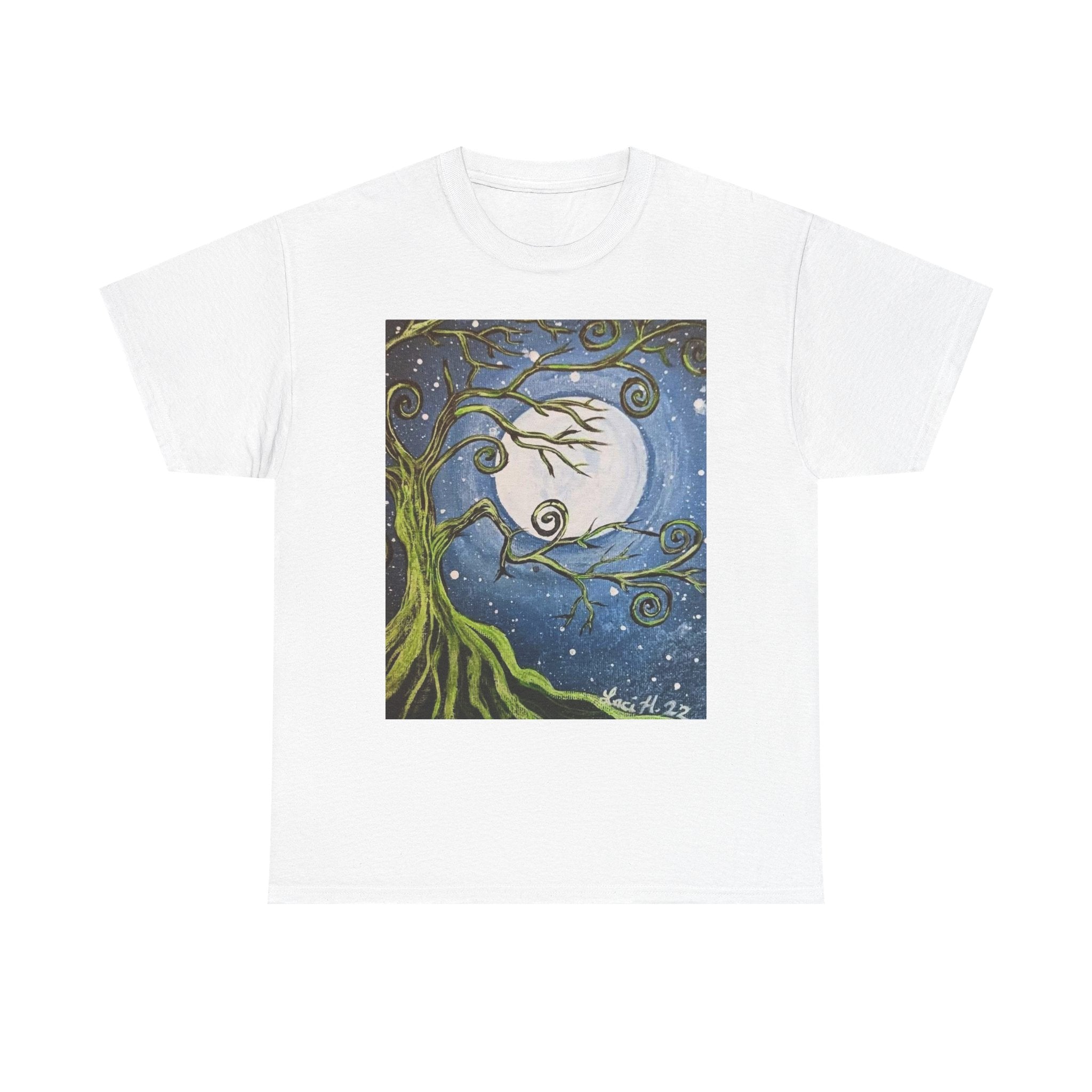 Ethereal Moonlight Tee, Unisex Heavy Cotton Tee, Night Sky Shirt, Nature Lover Apparel, Mystic Tree Top, Gift for Stargazers