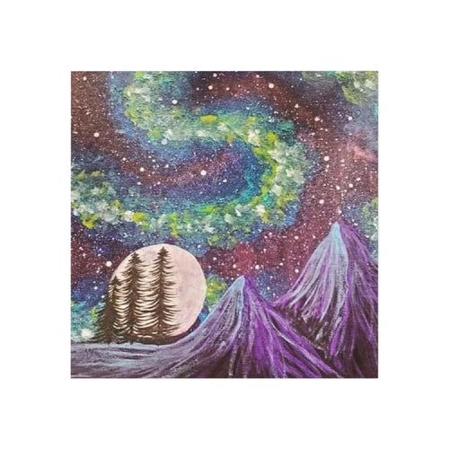Aurora Night Square Magnet — Purple Mountain Moonlit Forest Refrigerator Magnet