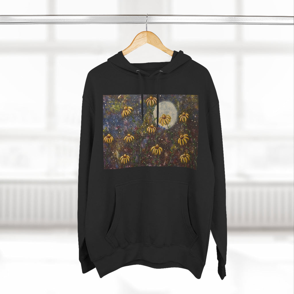 Moonlit Coneflowers Hoodie — Celestial Floral Graphic Fleece