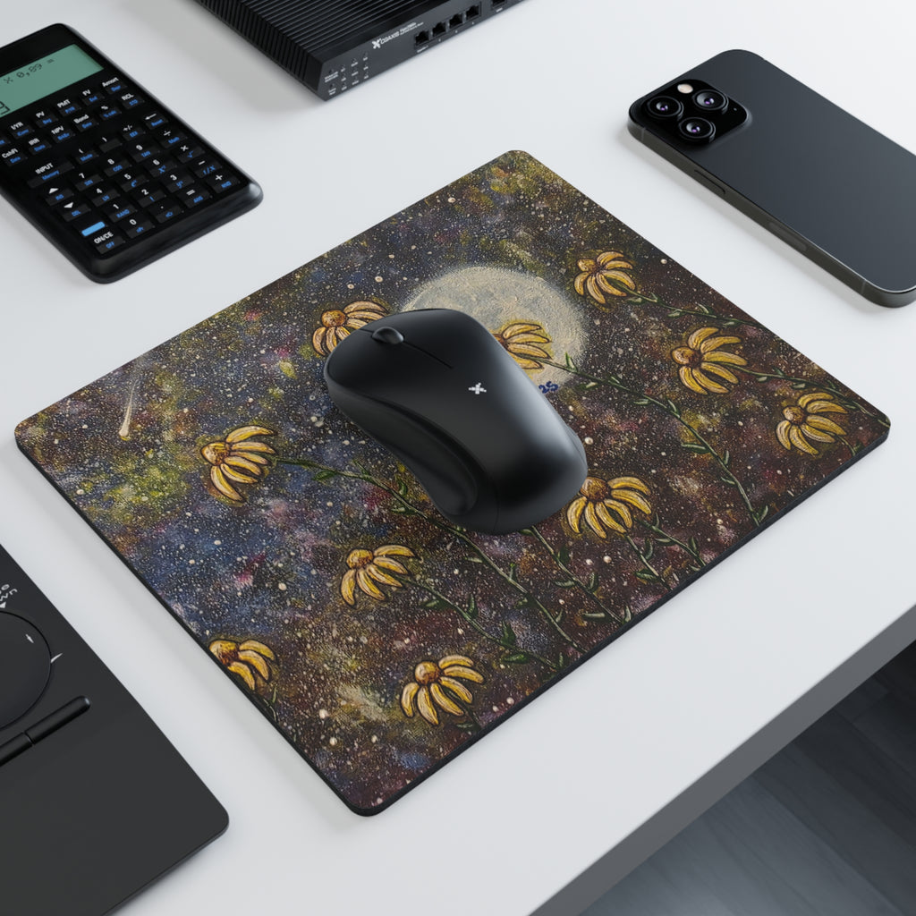 Moonlit Wildflowers Mouse Pad — Rectangular Desk Mousepad with Yellow Coneflowers and Starry Night Art