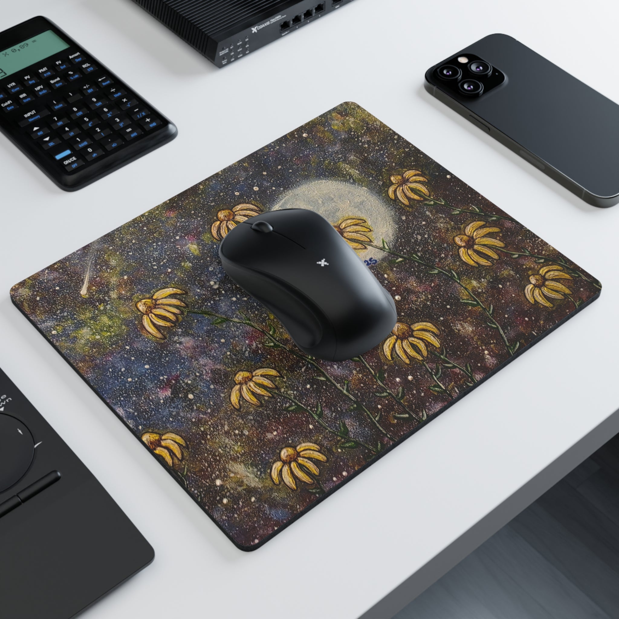 Moonlit Wildflowers Mouse Pad — Rectangular Desk Mousepad with Yellow Coneflowers and Starry Night Art