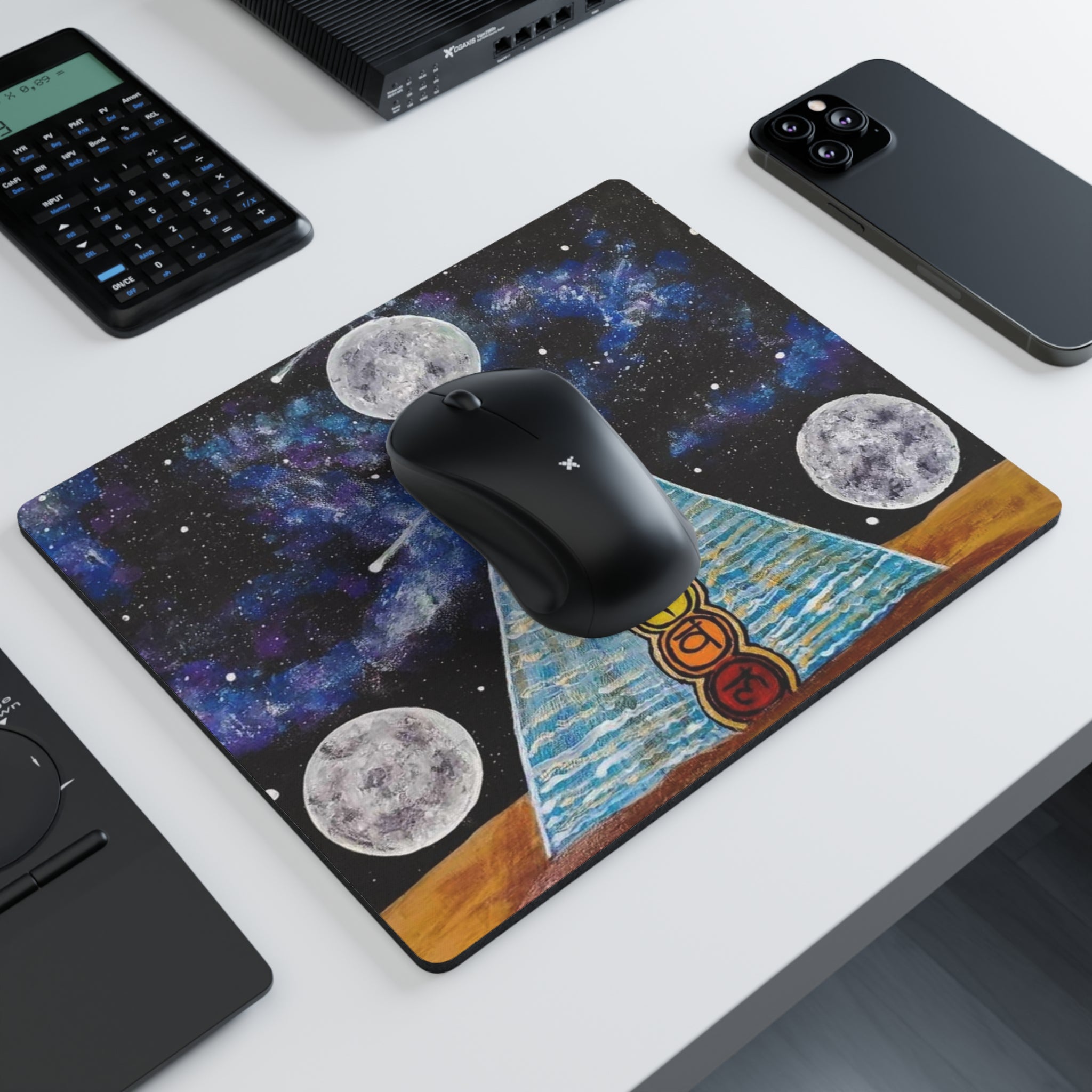 Chakra Pyramid Moon Rectangular Mouse Pad — Cosmic Spiritual Desk Mat