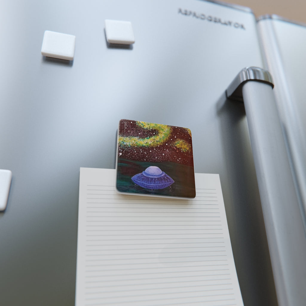 UFO Night Sky Porcelain Magnet — Cosmic Alien Saucer Art