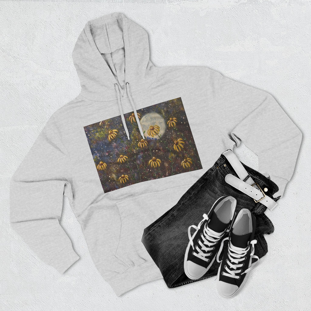 Moonlit Coneflowers Hoodie — Celestial Floral Graphic Fleece