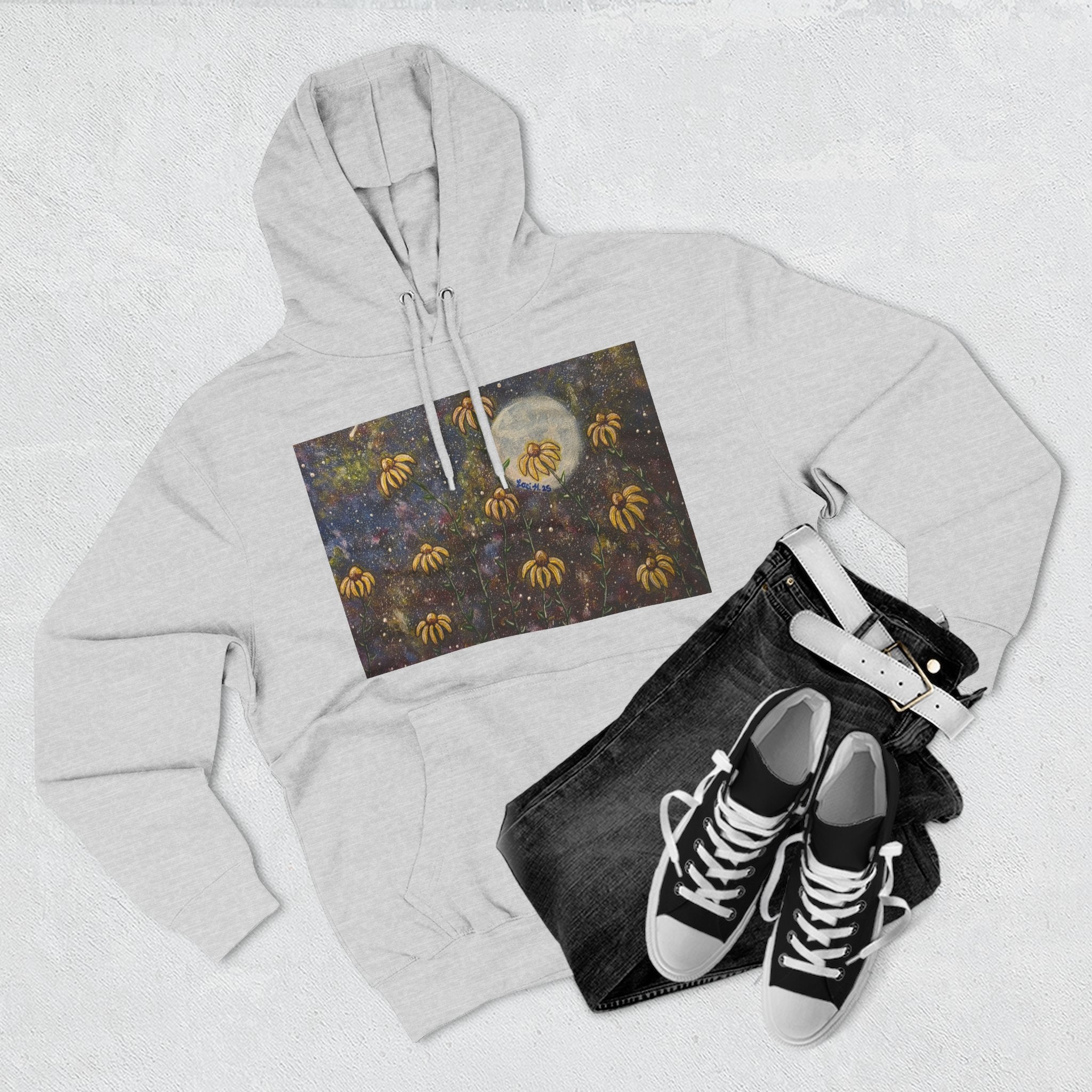 Moonlit Coneflowers Hoodie — Celestial Floral Graphic Fleece
