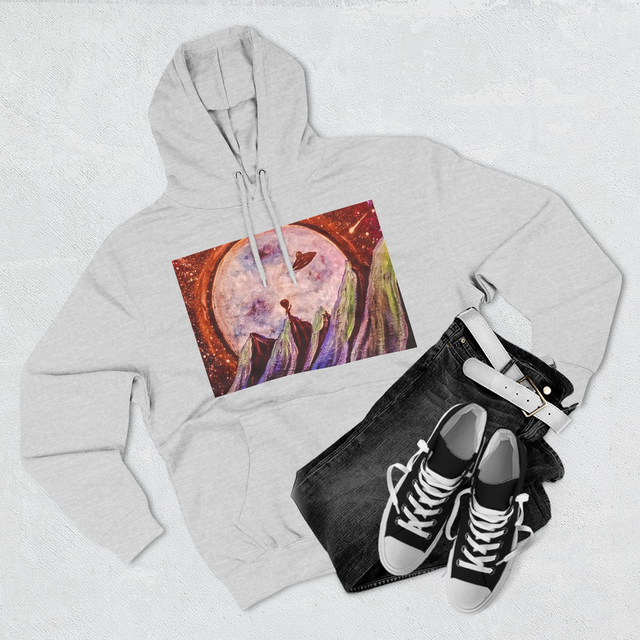 Moonlit Mountain Hoodie — Surreal Nightscape Art Fleece Hoodie
