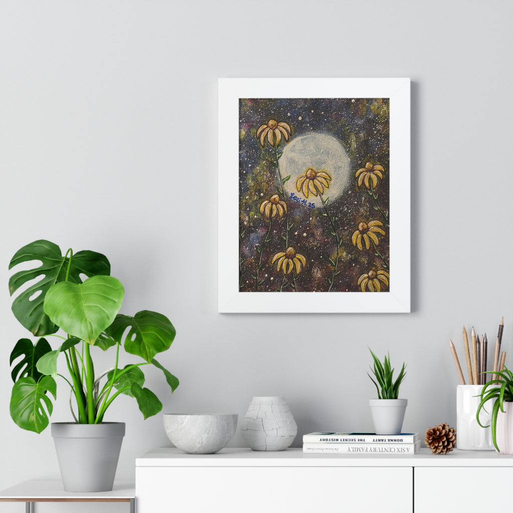 Moonlit Daisies Framed Poster — Botanical Night Sky Wall Art