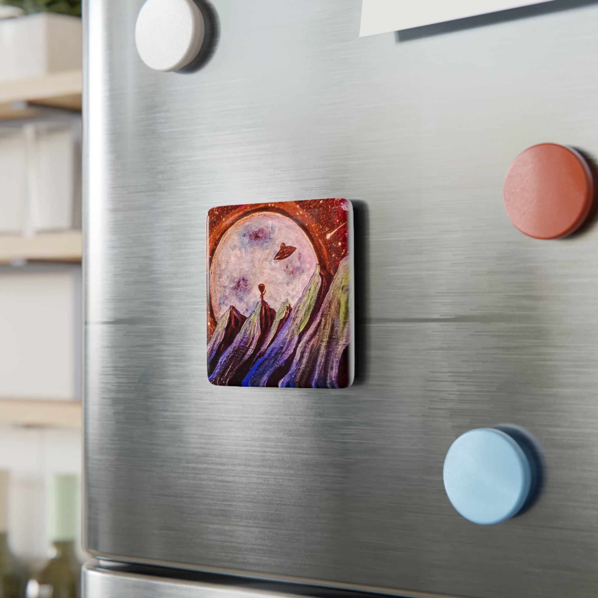 Alien Abduction Porcelain Magnet — UFO Leaving Alien Behind (Square)