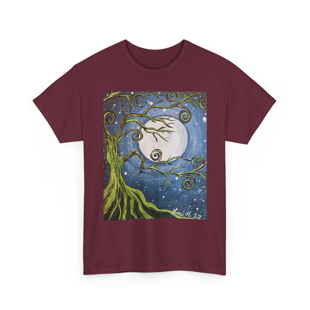 Ethereal Moonlight Tee, Unisex Heavy Cotton Tee, Night Sky Shirt, Nature Lover Apparel, Mystic Tree Top, Gift for Stargazers