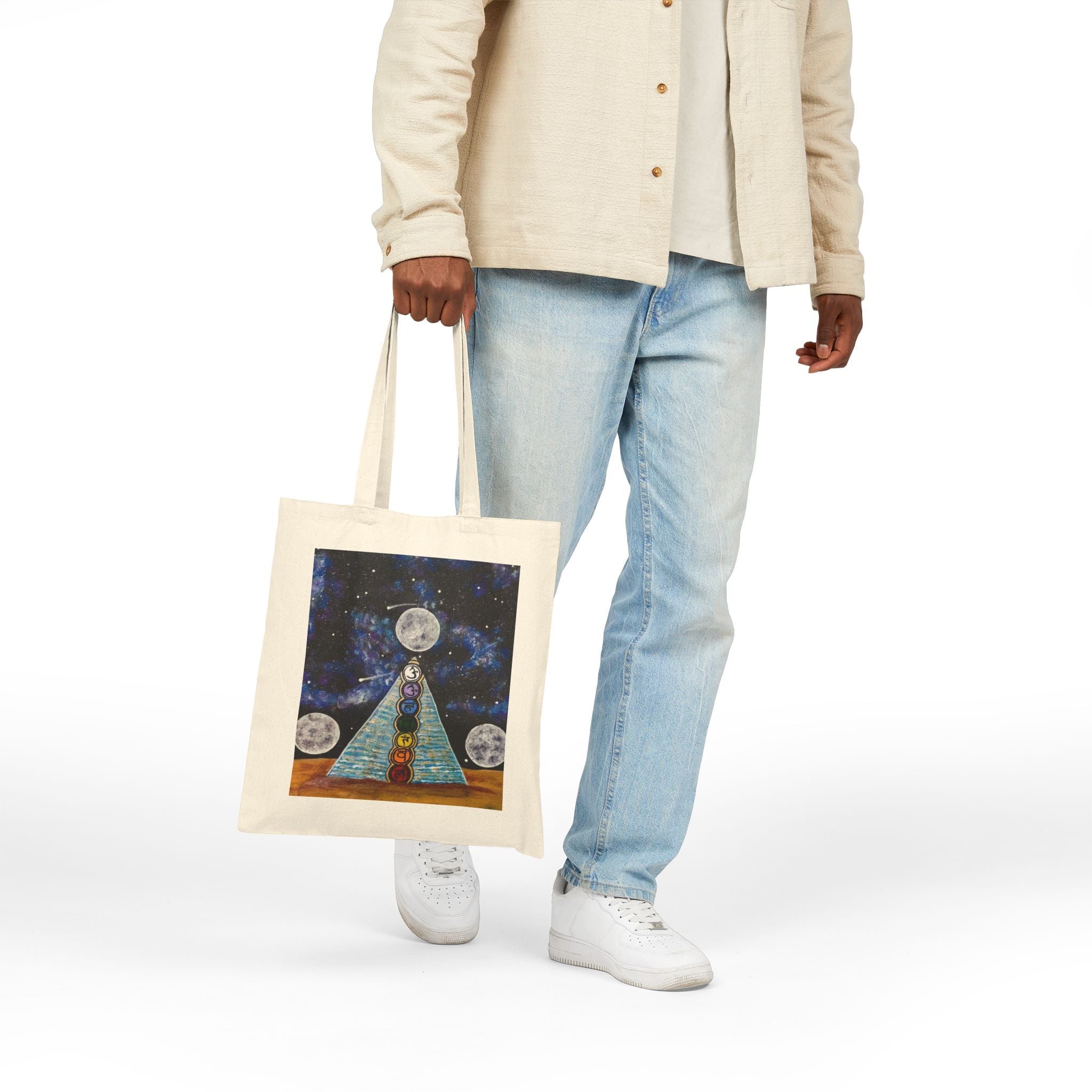 Mystic Chakra Pyramid Tote — Moon & Cosmic Energy Canvas Bag