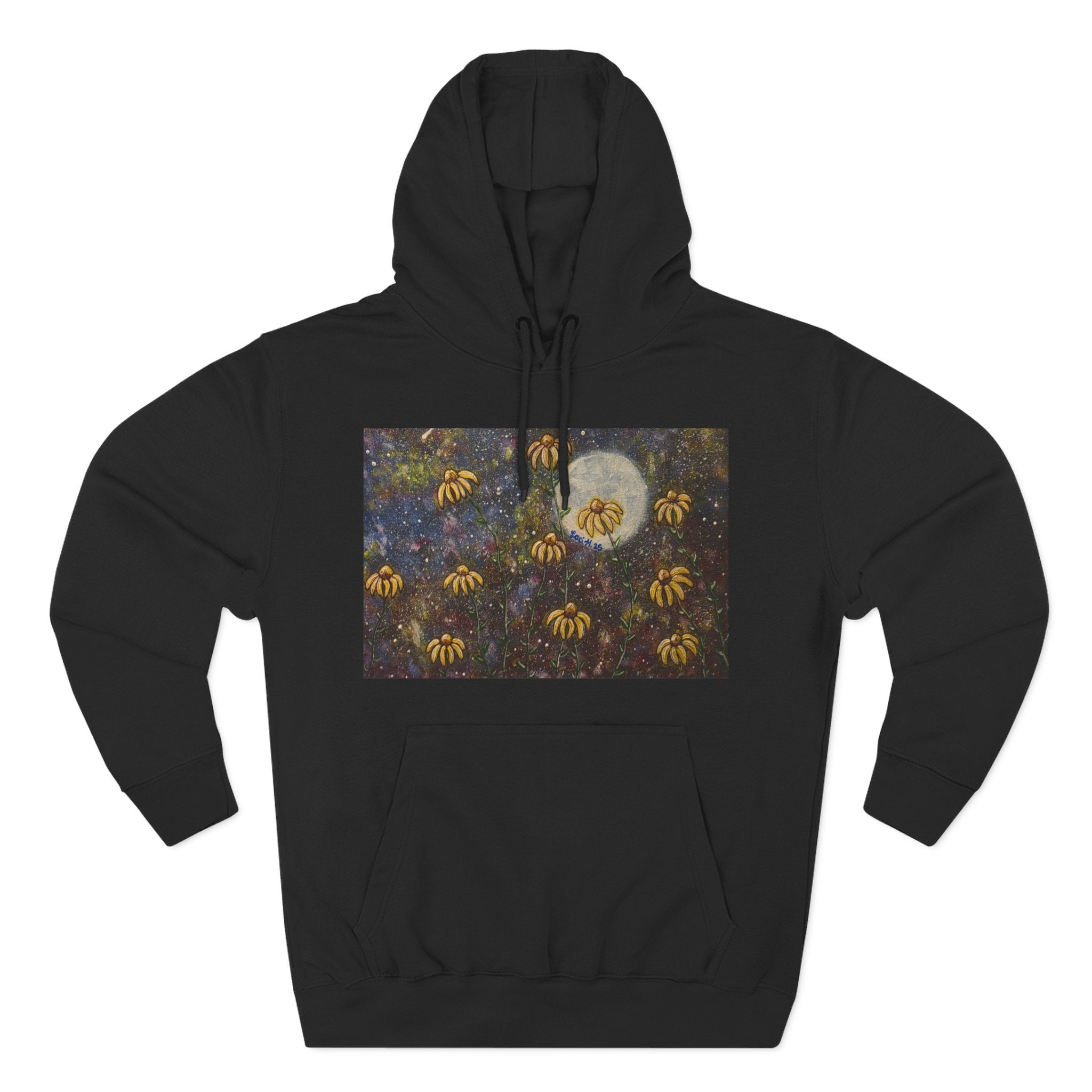Moonlit Coneflowers Hoodie — Celestial Floral Graphic Fleece