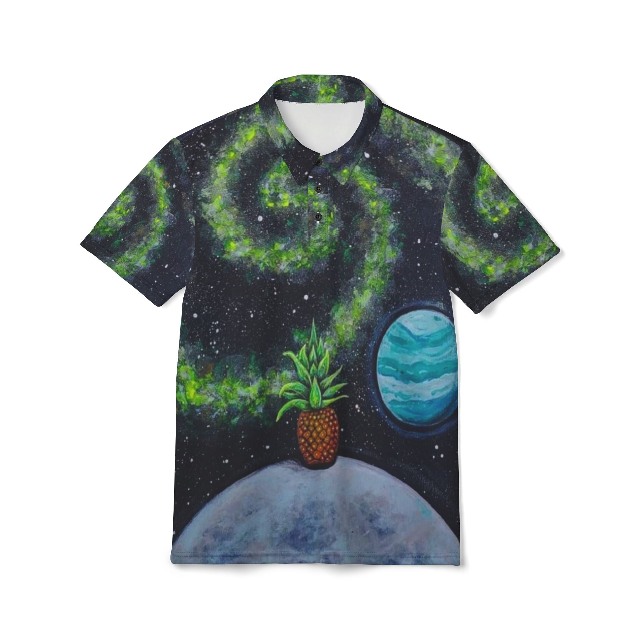 Galactic Pineapple Unisex Polo Shirt - Tropical Space Design for Casual Wear, Summer Parties, Gifts, Beach Outings, Vacation Apparel