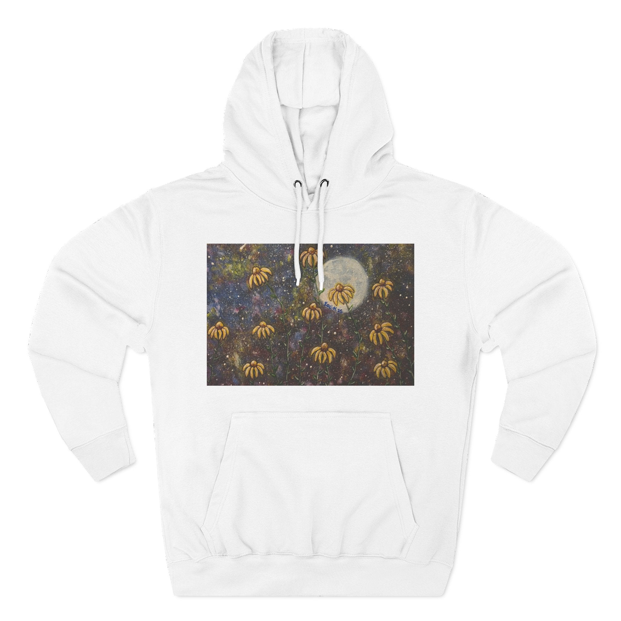 Moonlit Coneflowers Hoodie — Celestial Floral Graphic Fleece