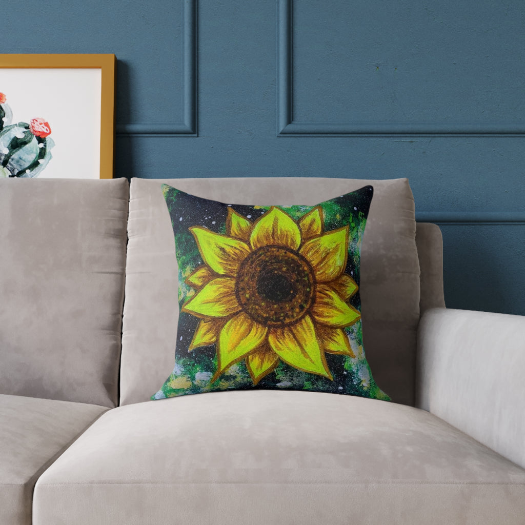Sunflower Galaxy Square Pillow - Bright Floral Cushion for Boho Home Decor