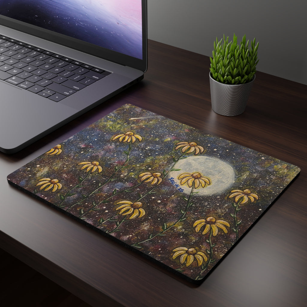 Moonlit Wildflowers Mouse Pad — Rectangular Desk Mousepad with Yellow Coneflowers and Starry Night Art
