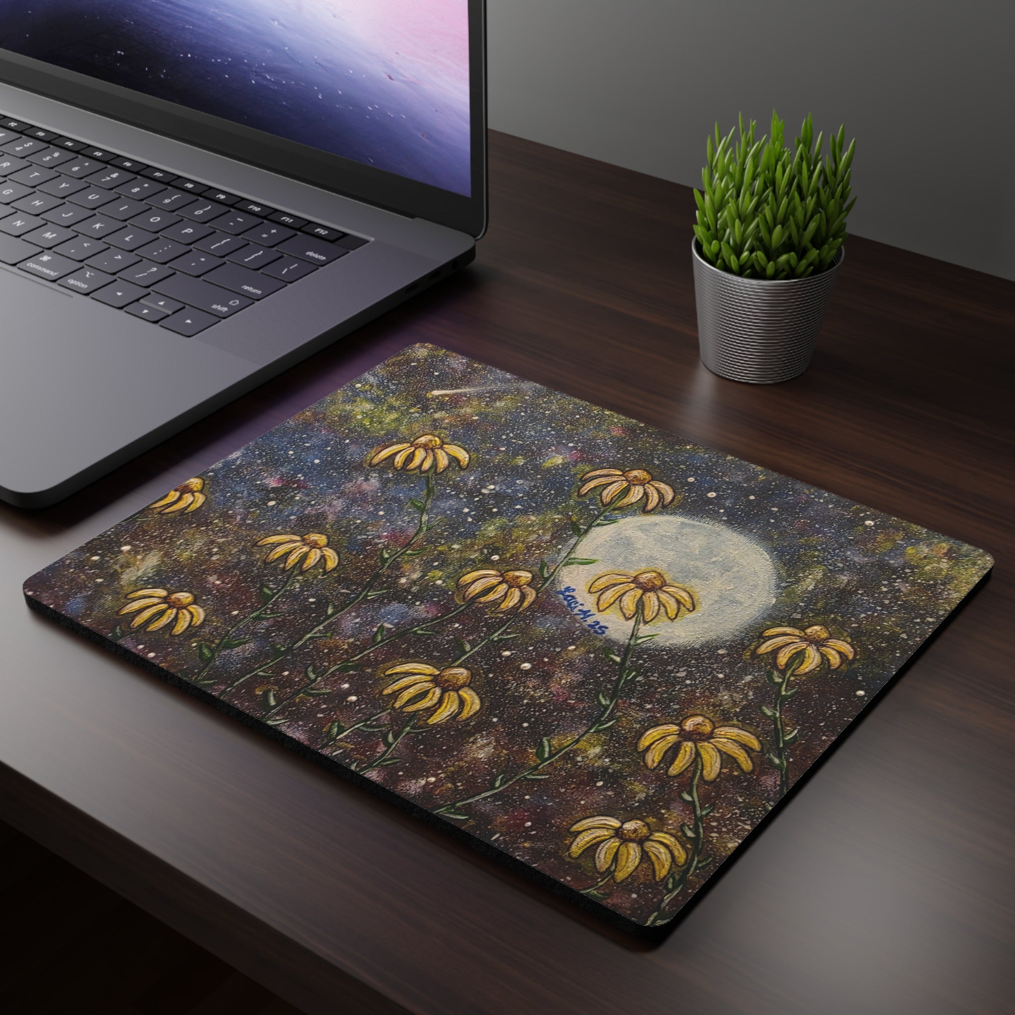 Moonlit Wildflowers Mouse Pad — Rectangular Desk Mousepad with Yellow Coneflowers and Starry Night Art