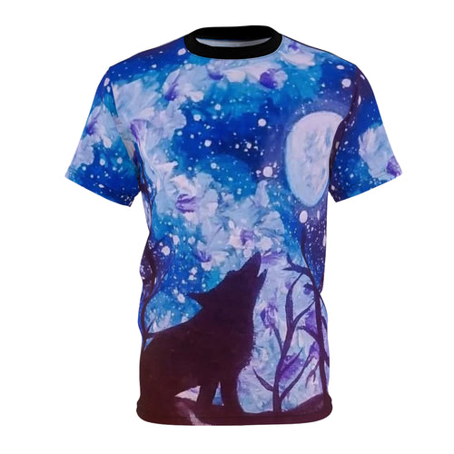 Celestial Wolf AOP Tee, Mystical Unisex Cut & Sew Shirt, Night Sky Apparel, Nature Lover Gift, Dreamy Graphic T-Shirt