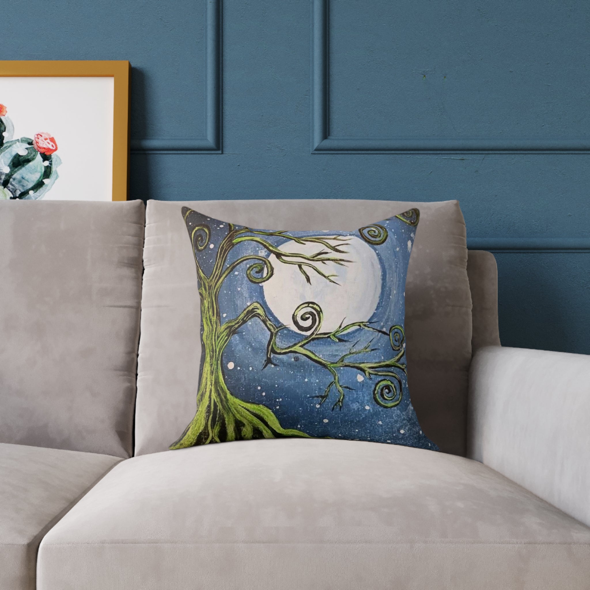 Whimsical Moonlit Tree Square Pillow — Decorative Canvas Accent Pillow