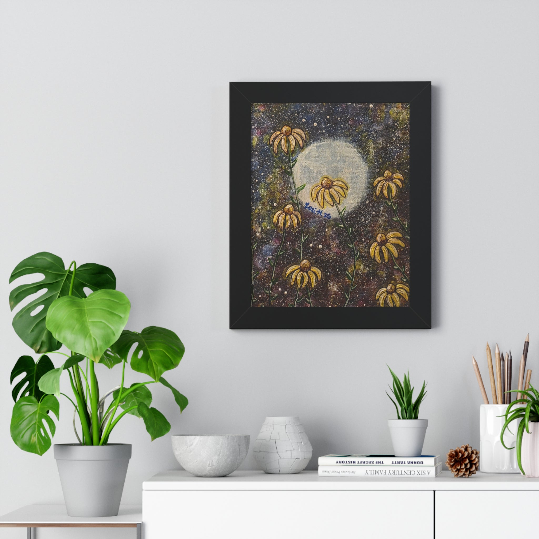 Moonlit Daisies Framed Poster — Botanical Night Sky Wall Art