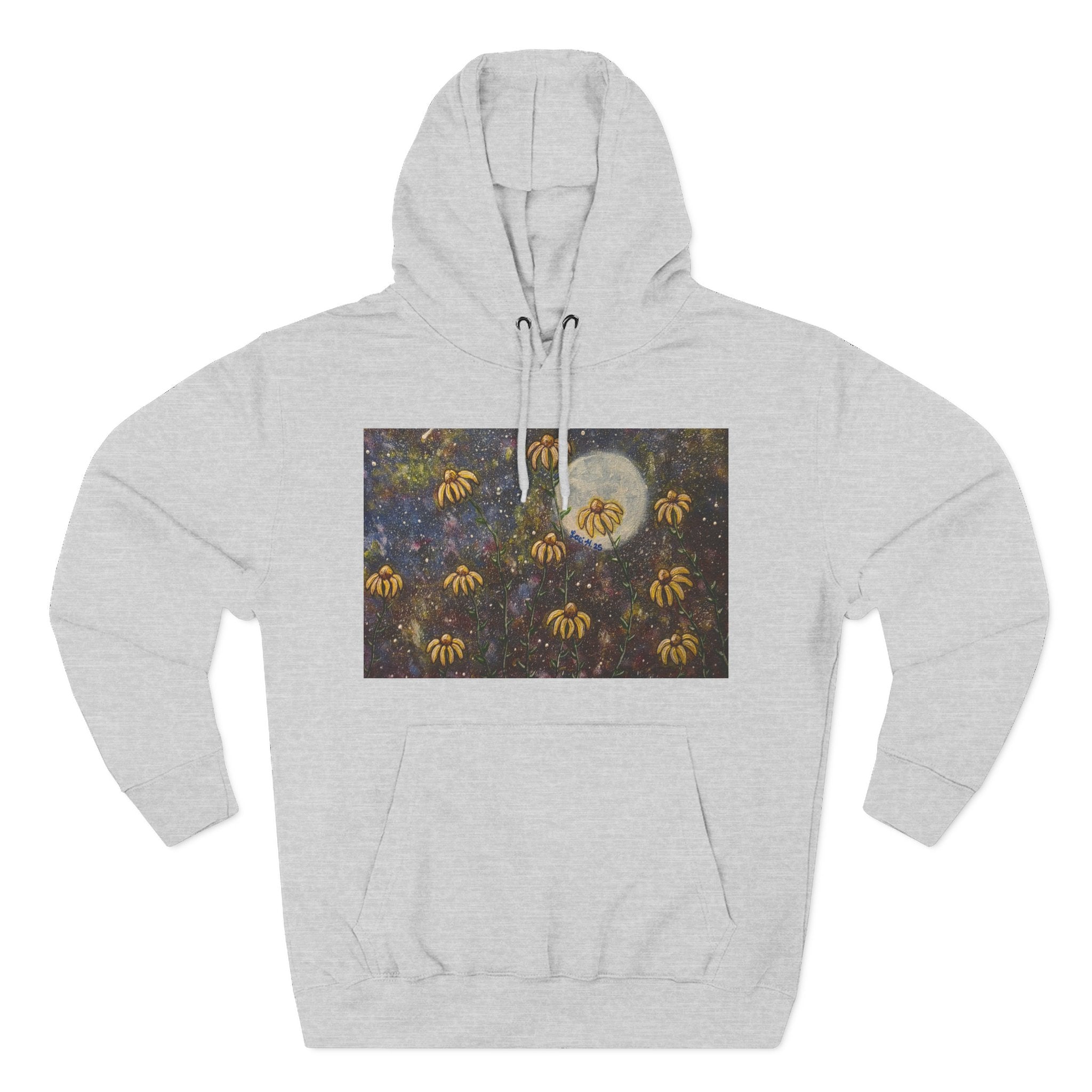 Moonlit Coneflowers Hoodie — Celestial Floral Graphic Fleece