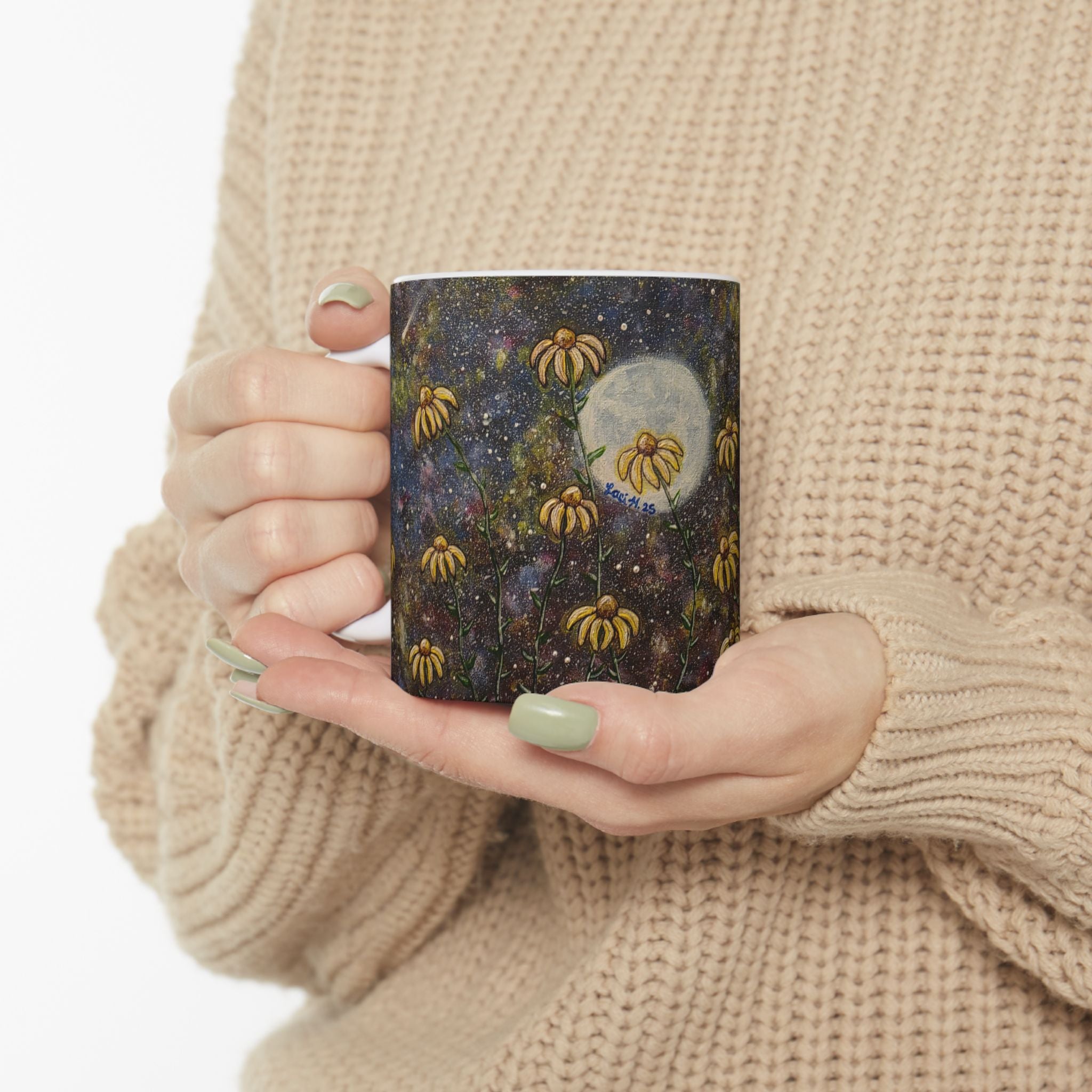 Moonlit Wildflower Mug — Floral Night Sky Ceramic Coffee Cup (11oz, 15oz)