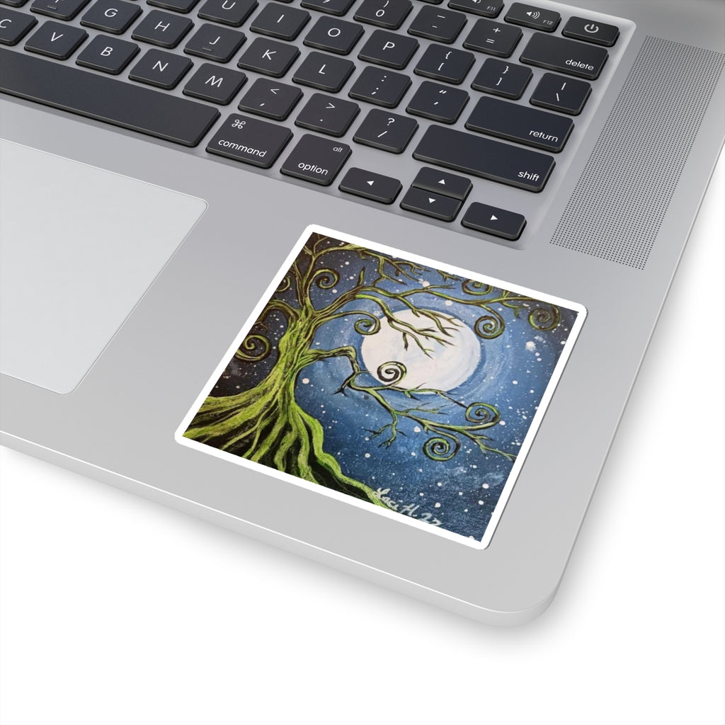 Moonlit Tree Kiss-Cut Sticker – Whimsical Night Sky Art Sticker for Laptops & Journals