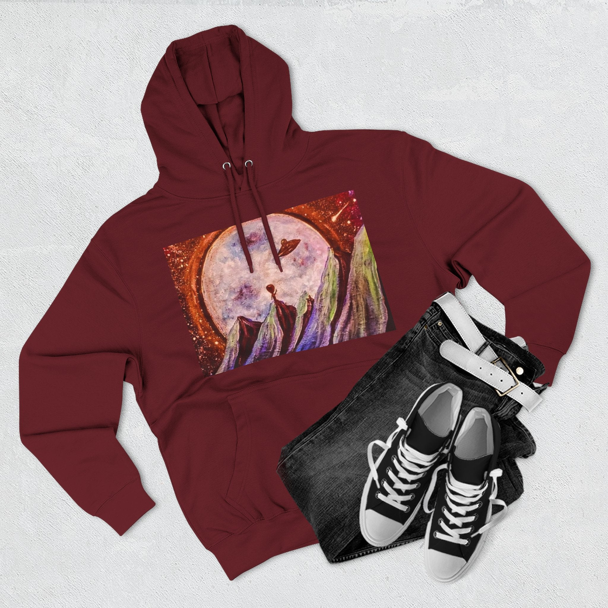 Moonlit Mountain Hoodie — Surreal Nightscape Art Fleece Hoodie