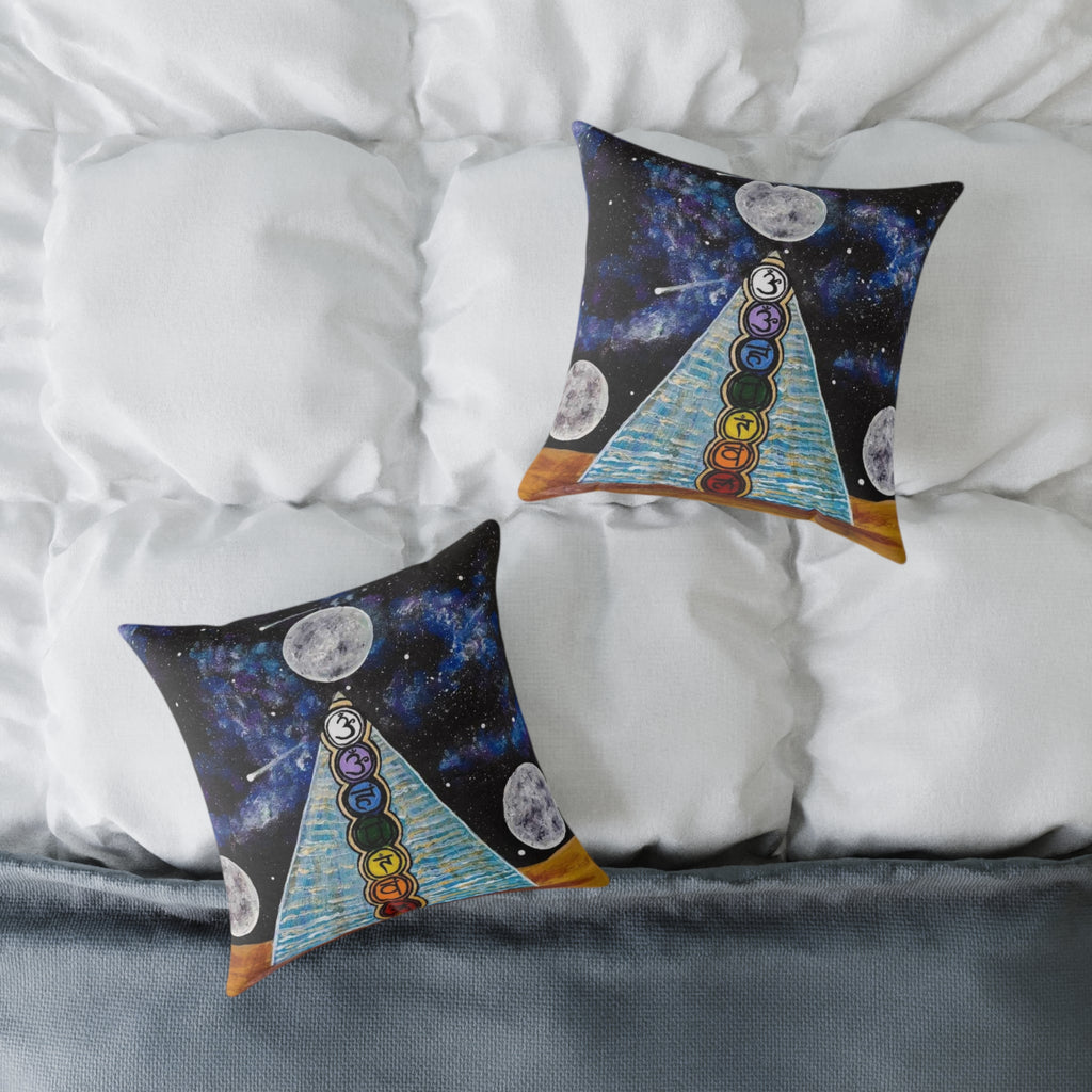 Chakra Pyramid Moon Square Pillow — Cosmic Spiritual Decorative Cushion