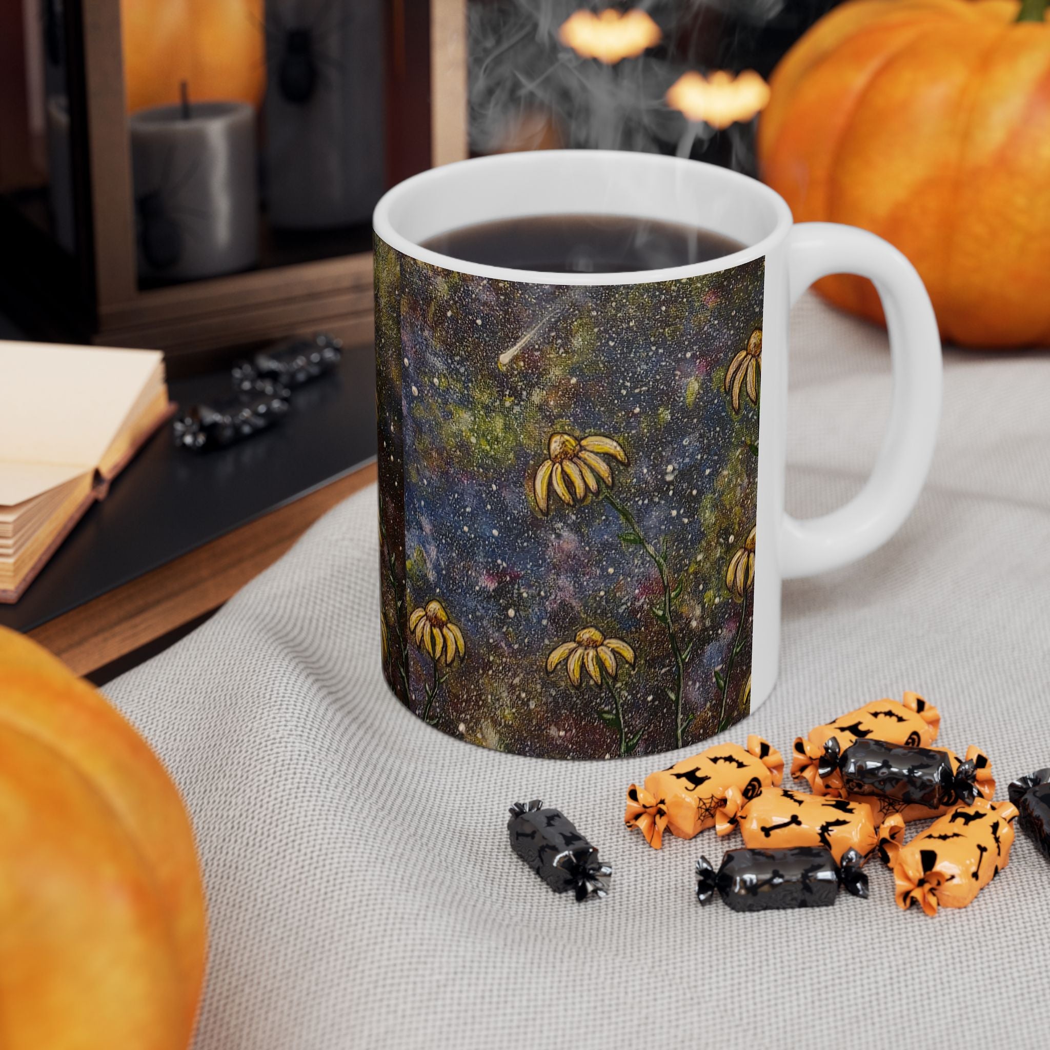 Moonlit Wildflower Mug — Floral Night Sky Ceramic Coffee Cup (11oz, 15oz)
