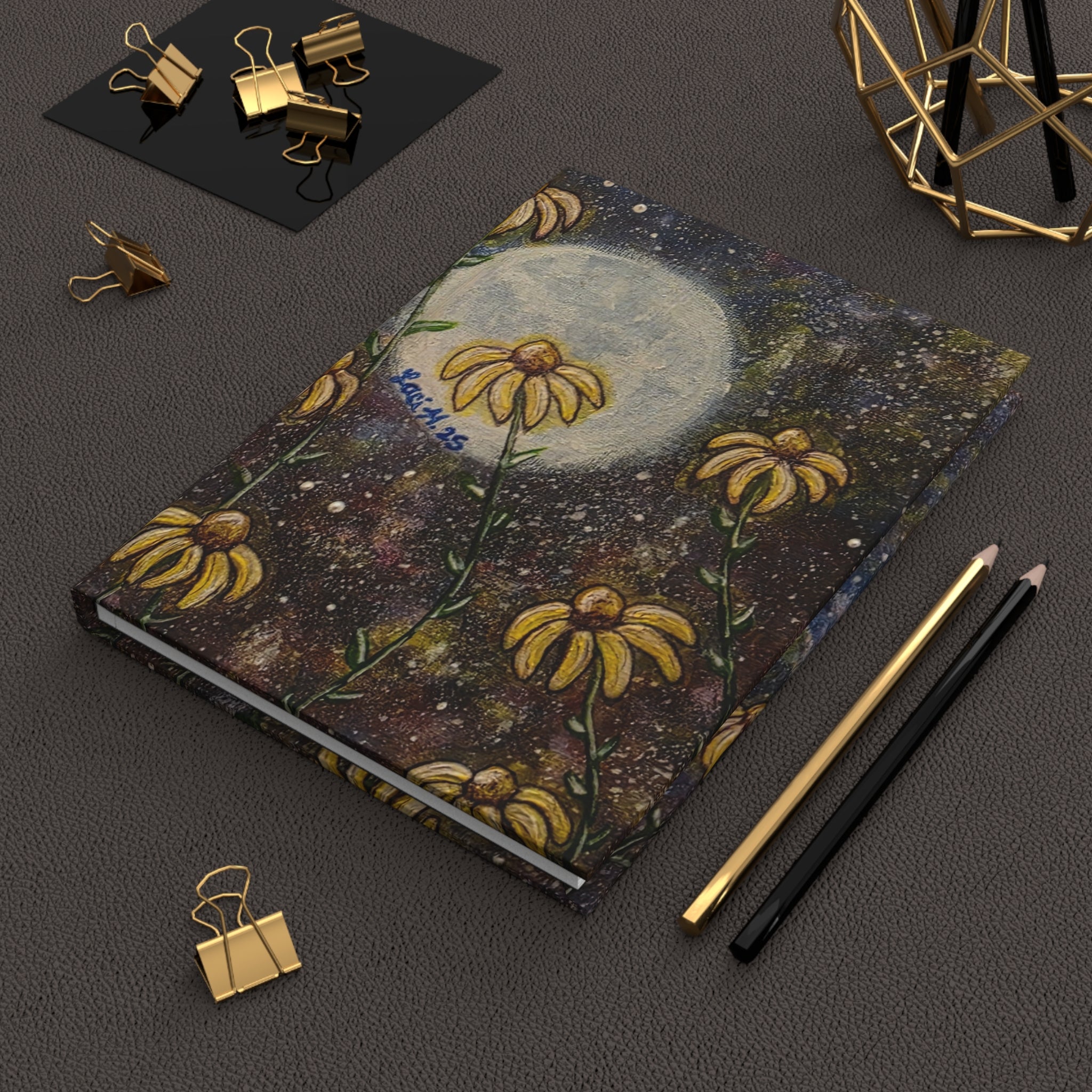 Moonlit Daisies Hardcover Journal — Floral Night Sky Notebook