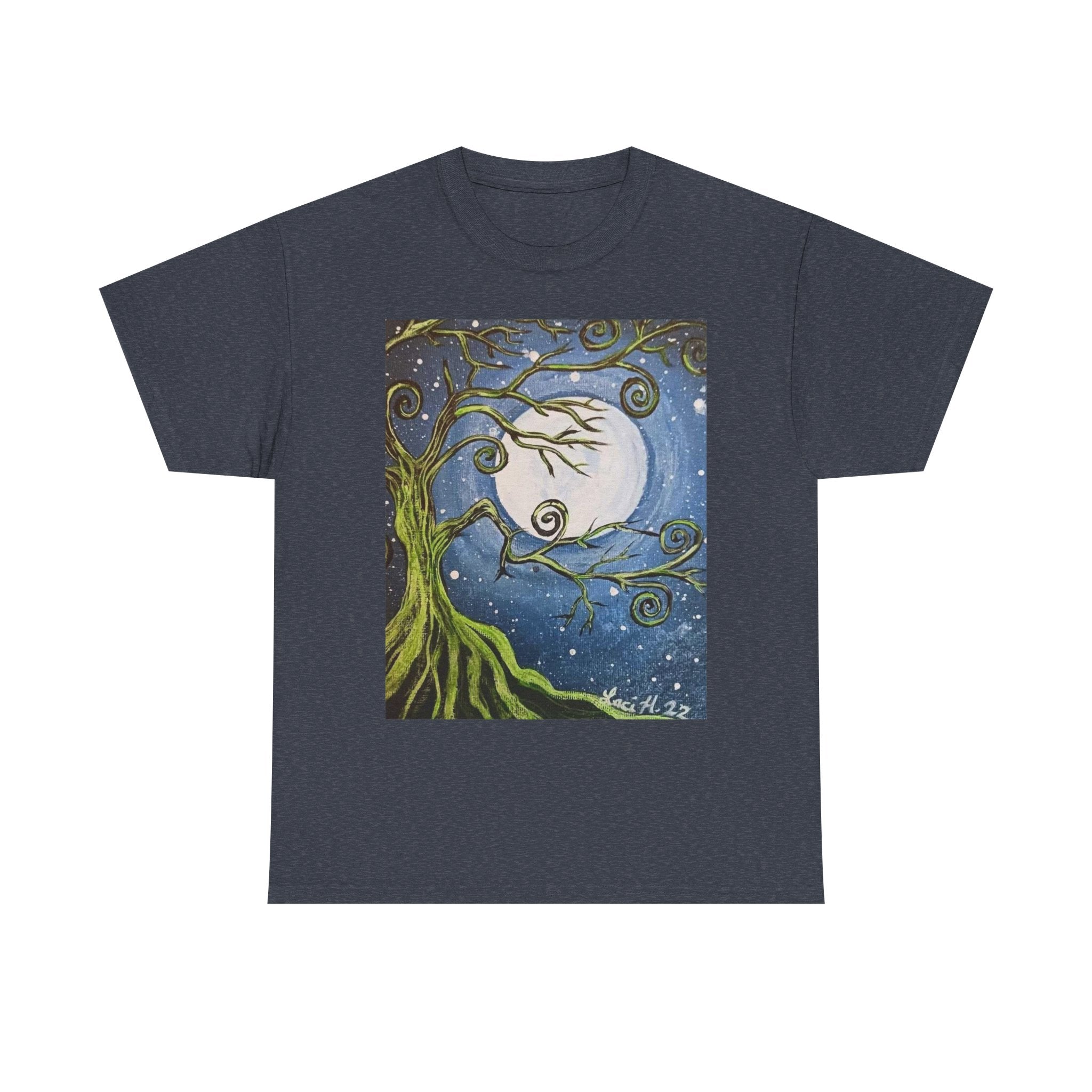 Ethereal Moonlight Tee, Unisex Heavy Cotton Tee, Night Sky Shirt, Nature Lover Apparel, Mystic Tree Top, Gift for Stargazers