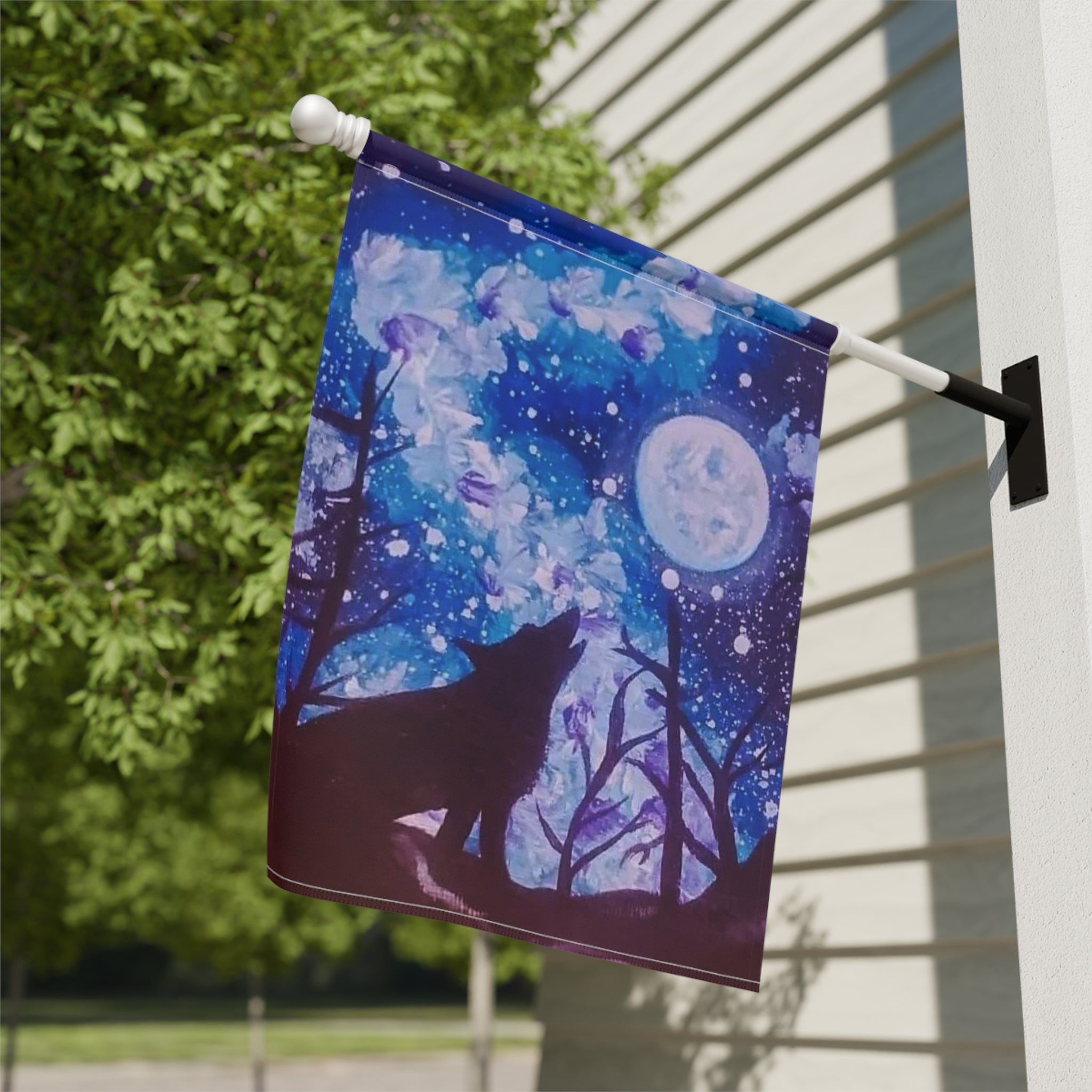Mystical Wolf Garden Banner, Outdoor Decor, Housewarming Gift, Moonlight Design, Floral Flag, Home & Garden Decoration