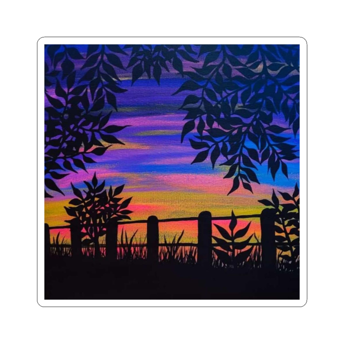 Sunset Silhouette Kiss-Cut Sticker — Colorful Evening Landscape Sticker