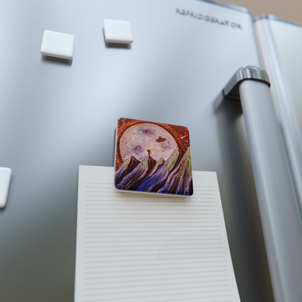 Alien Abduction Porcelain Magnet — UFO Leaving Alien Behind (Square)
