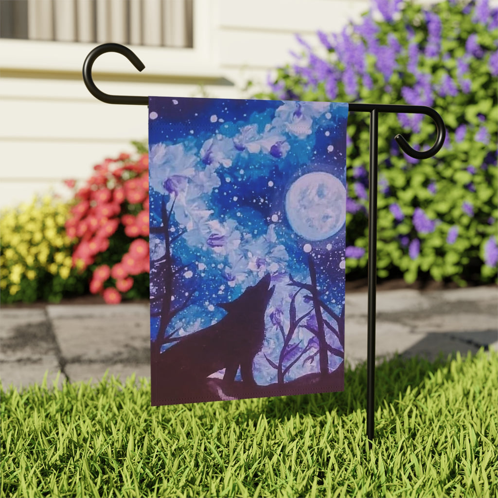 Mystical Wolf Garden Banner, Outdoor Decor, Housewarming Gift, Moonlight Design, Floral Flag, Home & Garden Decoration