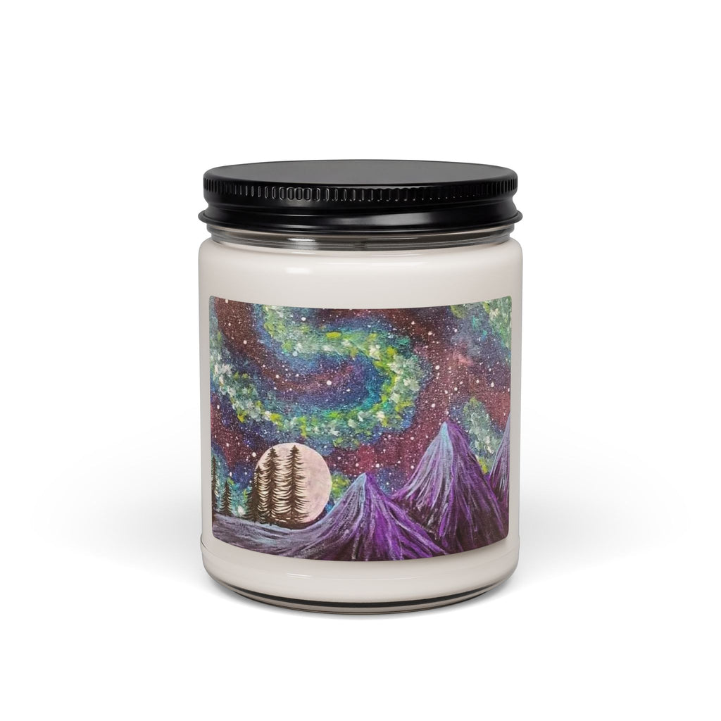 Aurora Night Soy Candle — 9oz Scented Jar with Mountain & Moon Artwork