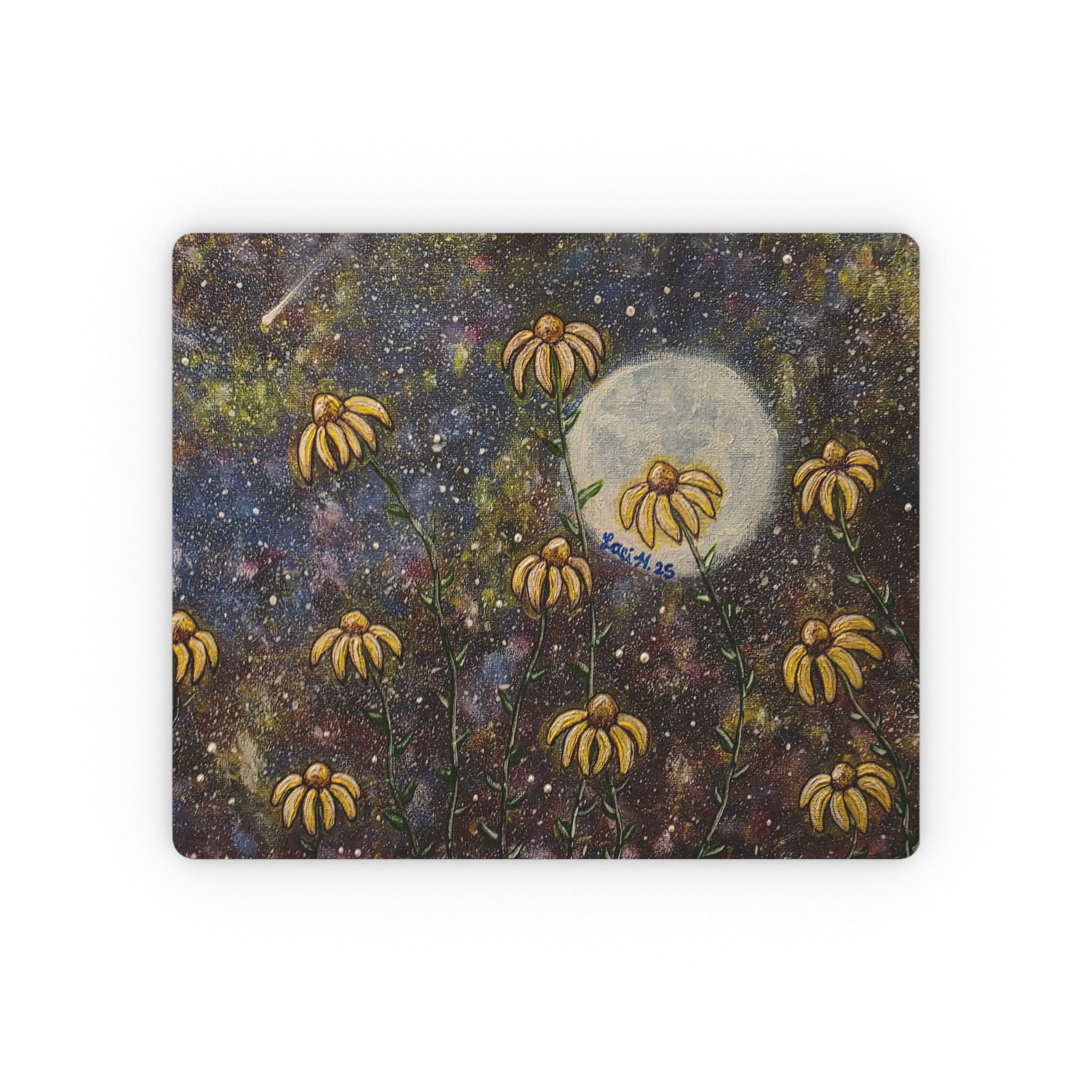 Moonlit Wildflowers Mouse Pad — Rectangular Desk Mousepad with Yellow Coneflowers and Starry Night Art