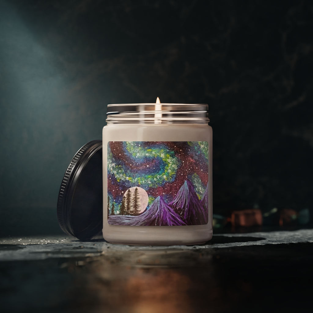 Aurora Night Soy Candle — 9oz Scented Jar with Mountain & Moon Artwork