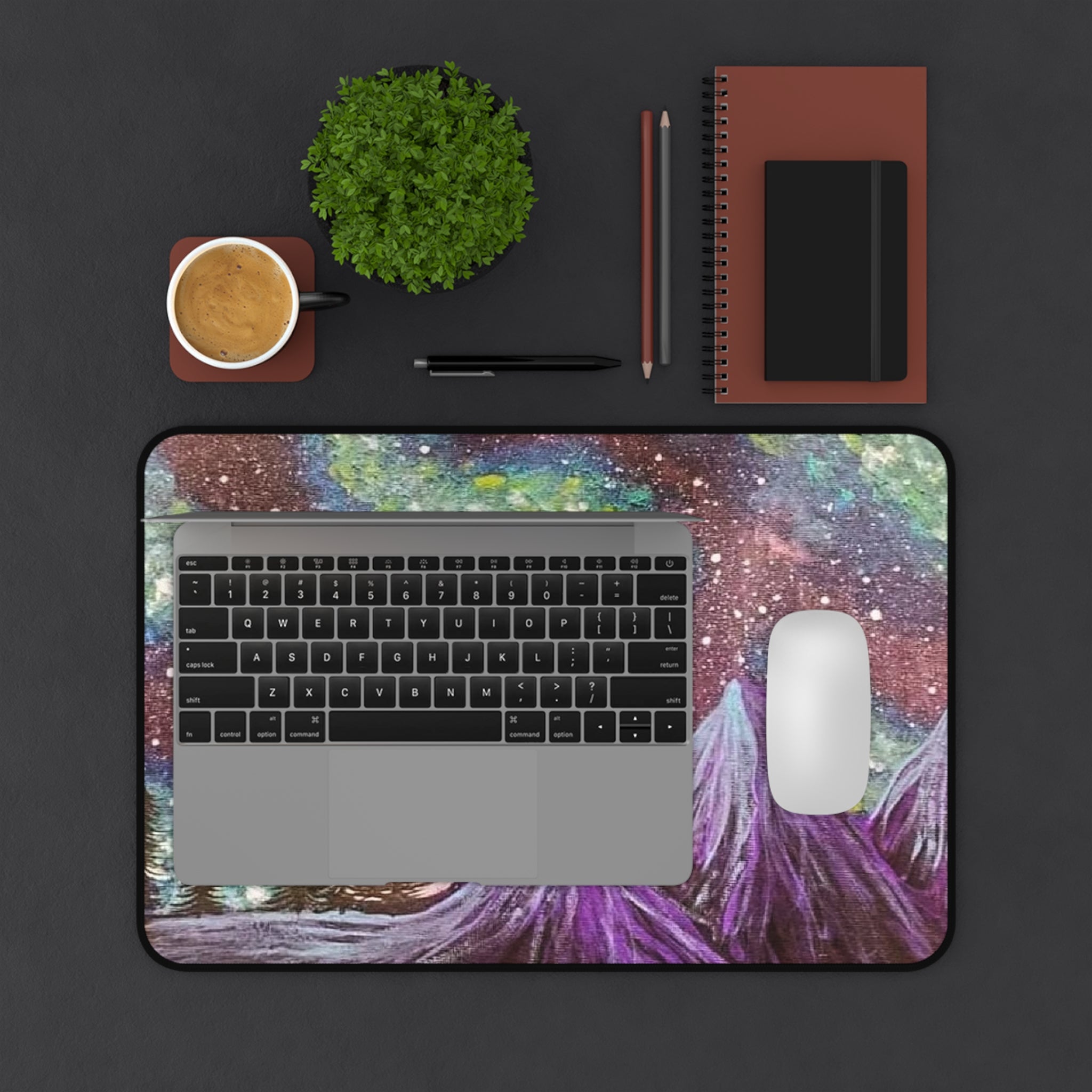 Cosmic Nightscape Desk Mat — Purple Mountains & Aurora Mouse Pad