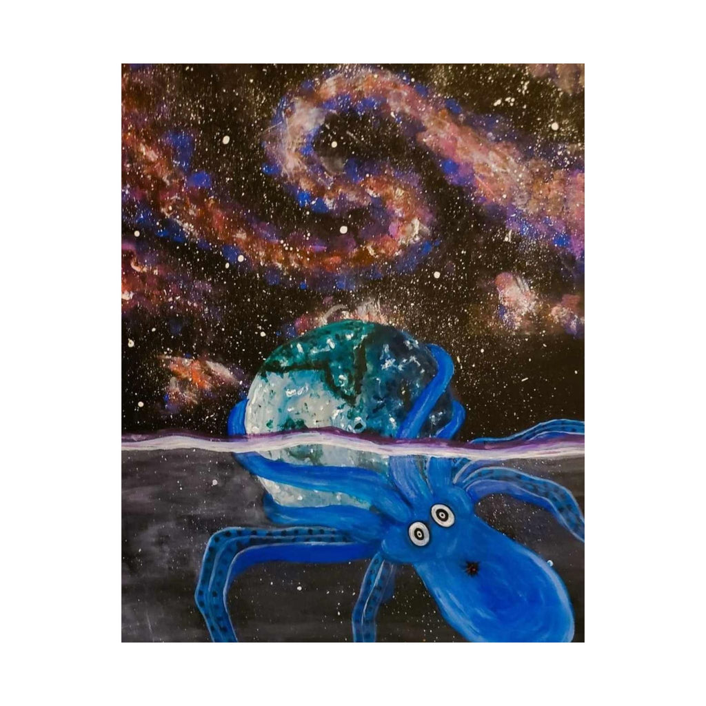 Blue Octopus Galaxy Poster — Surreal Space Art Matte Vertical Print