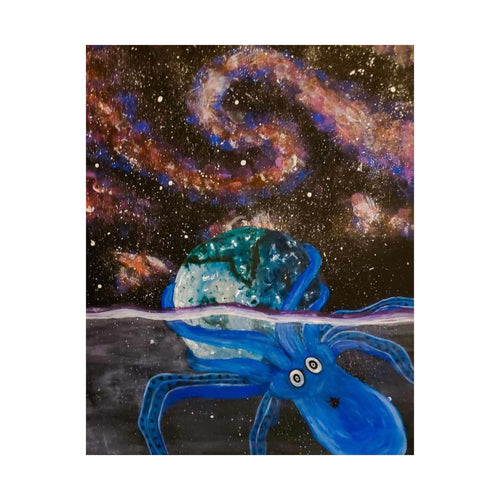 Blue Octopus Galaxy Poster — Surreal Space Art Matte Vertical Print