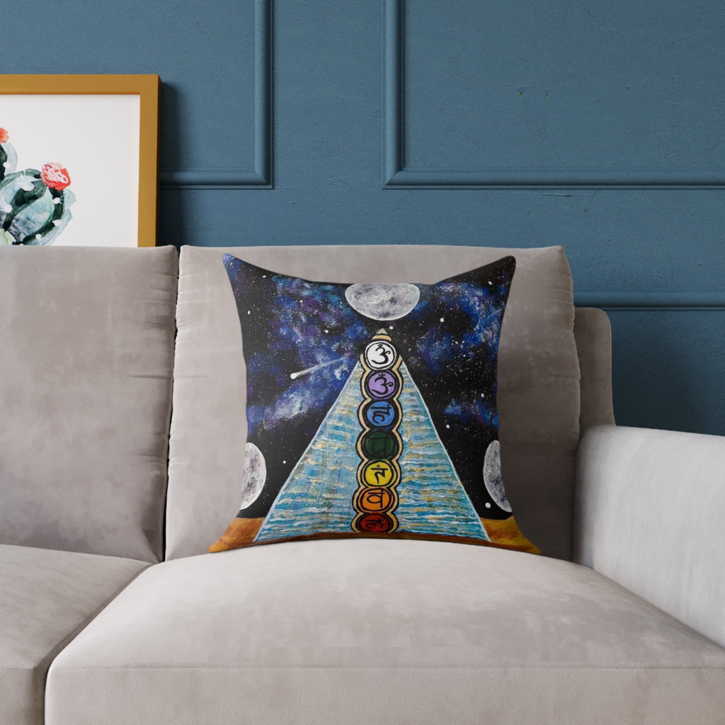 Chakra Pyramid Moon Square Pillow — Cosmic Spiritual Decorative Cushion