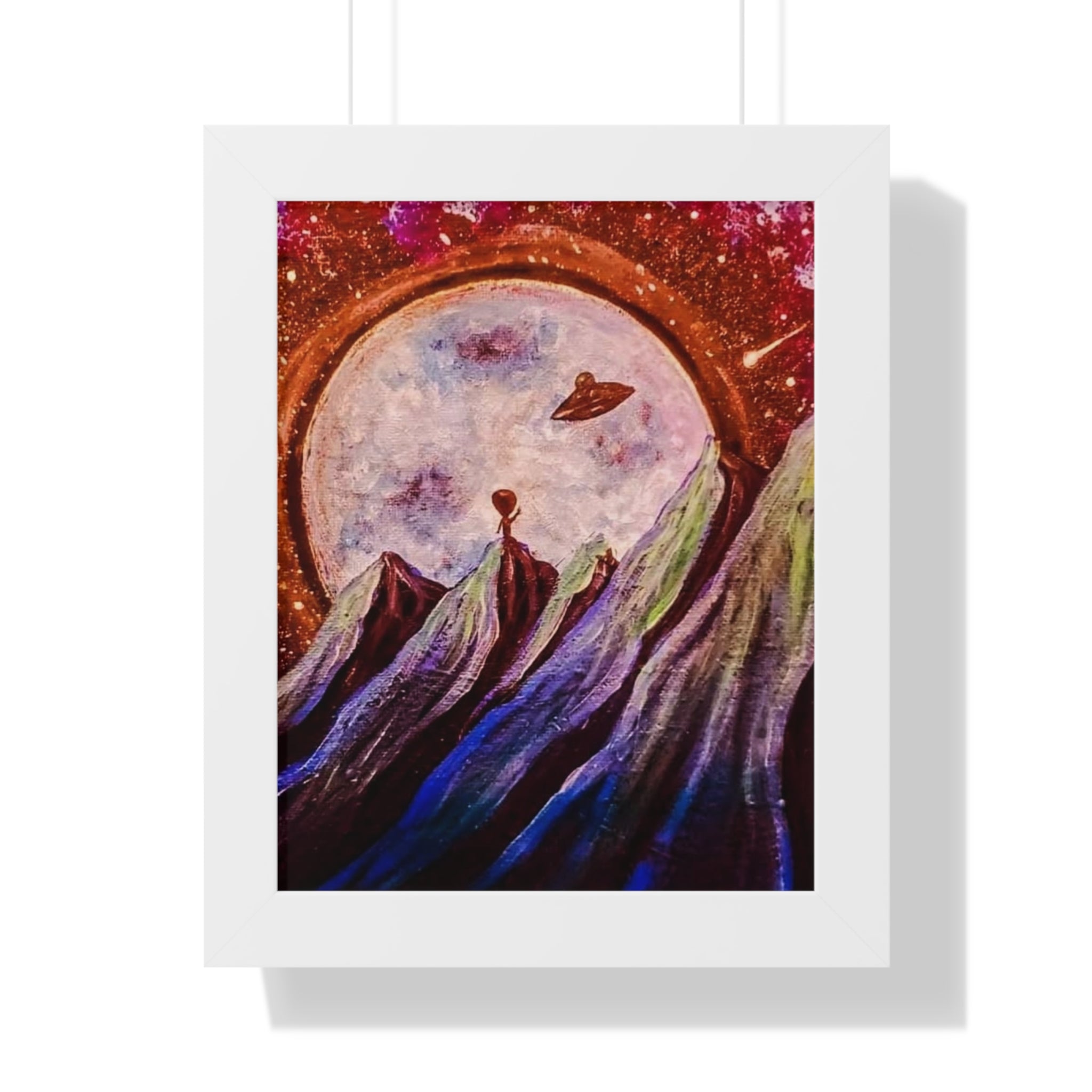 Cosmic Mountains Framed Poster — Surreal Moon & UFO Vertical Wall Art