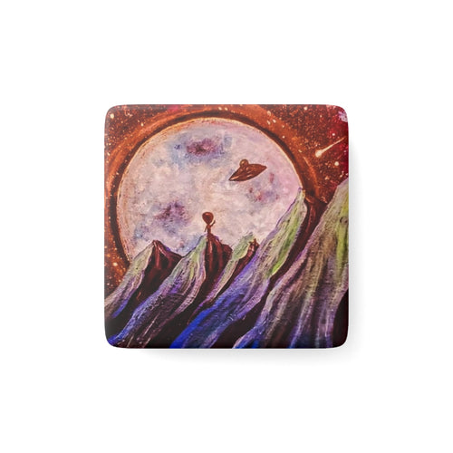 Alien Abduction Porcelain Magnet — UFO Leaving Alien Behind (Square)