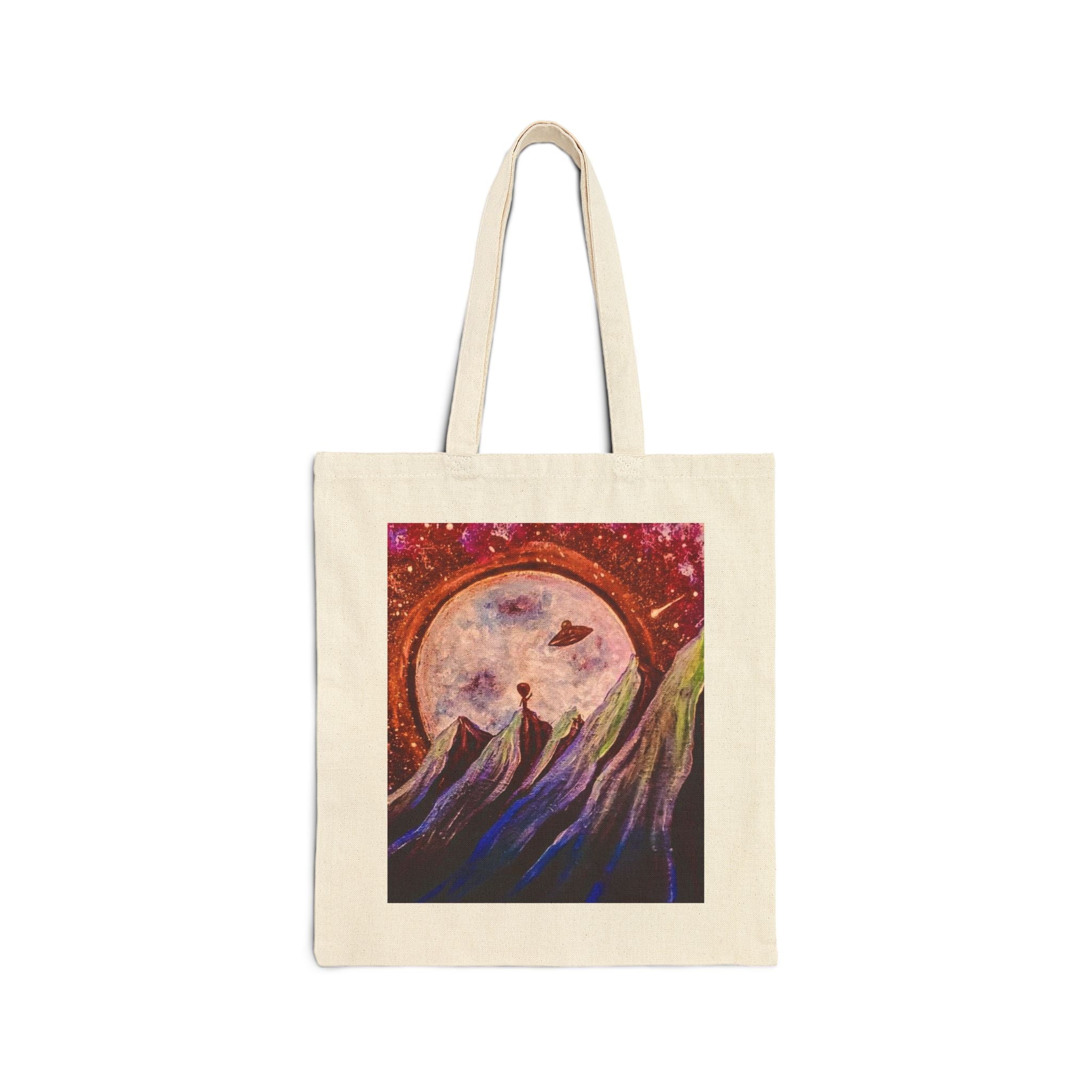 Moonlit Mountain Tote — Cosmic Moon & Howling Wolf Canvas Bag