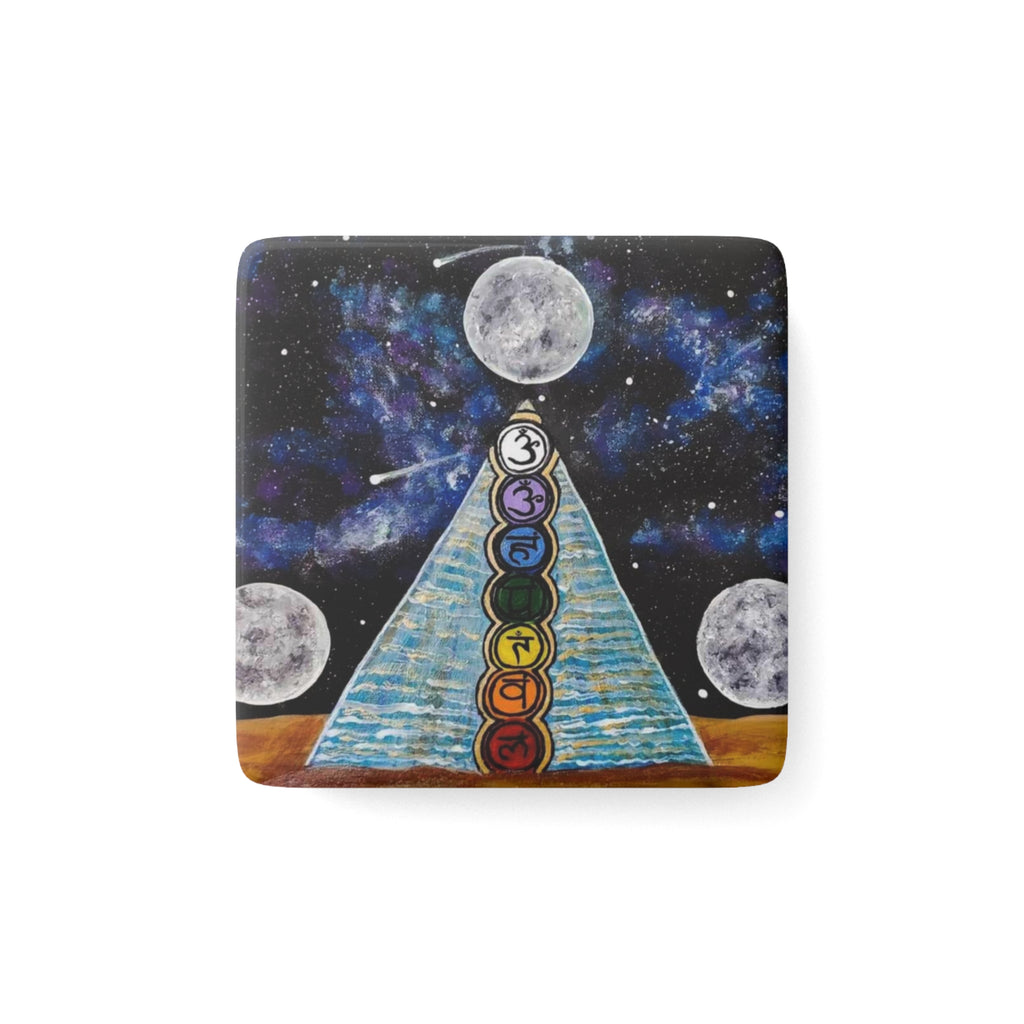 Chakra Pyramid Moon Porcelain Magnet — Spiritual Cosmic Home Décor