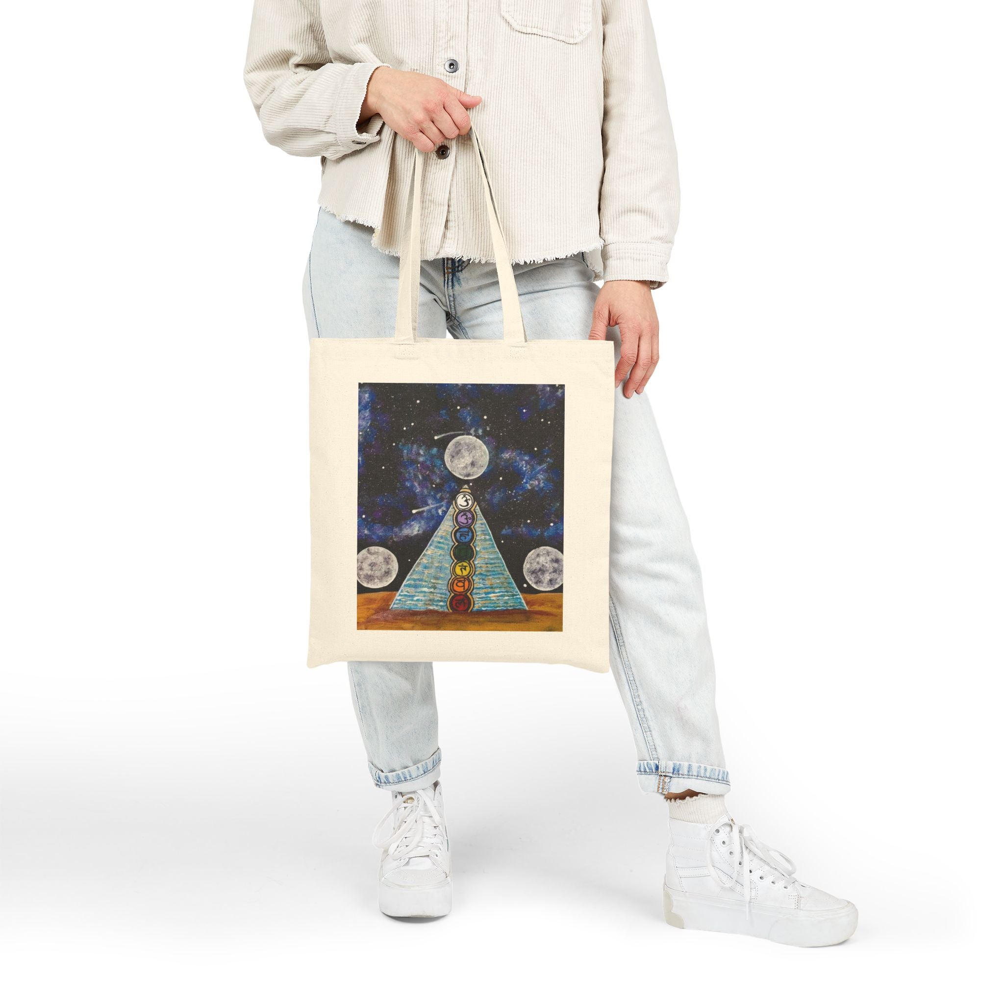 Mystic Chakra Pyramid Tote — Moon & Cosmic Energy Canvas Bag