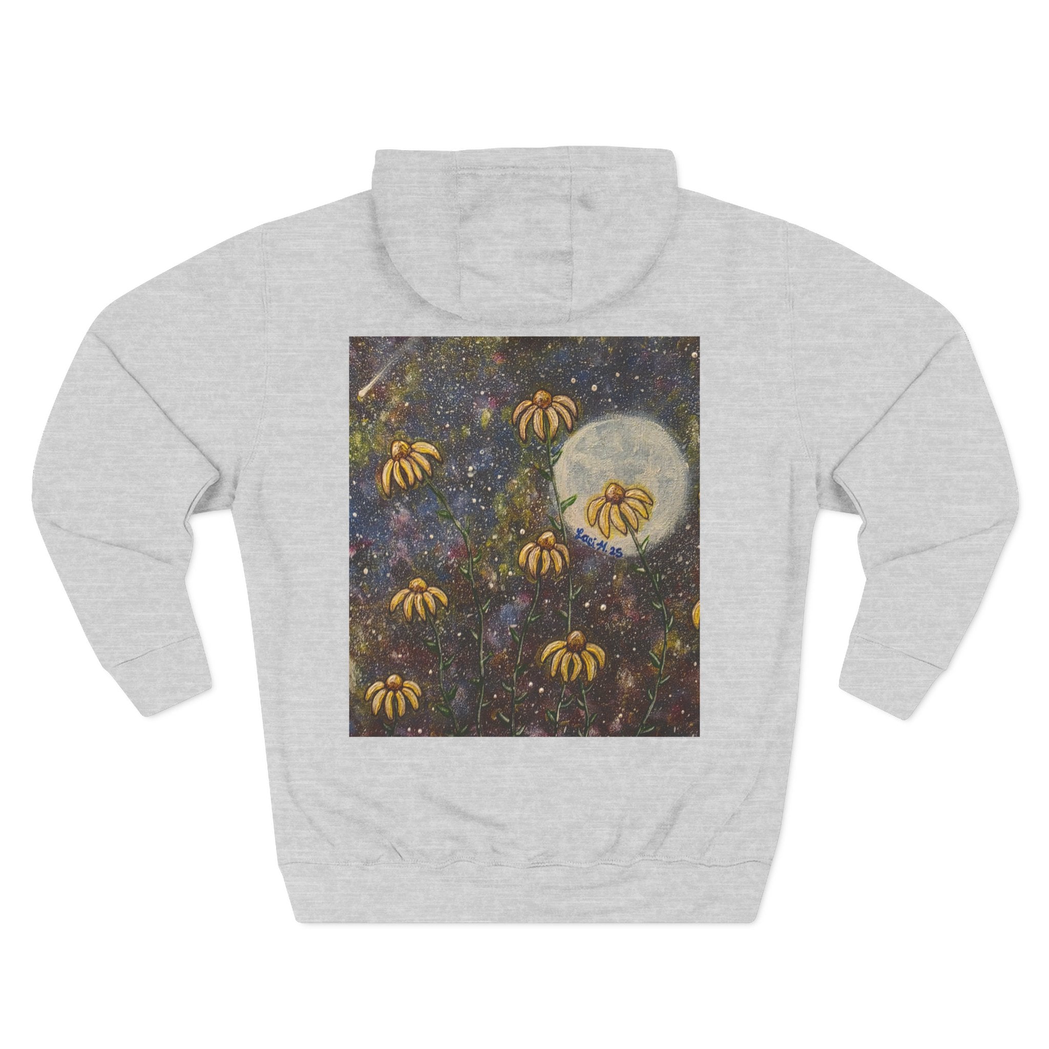 Moonlit Coneflowers Hoodie — Celestial Floral Graphic Fleece