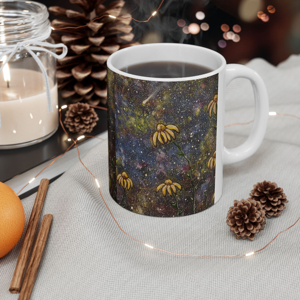 Moonlit Wildflower Mug — Floral Night Sky Ceramic Coffee Cup (11oz, 15oz)