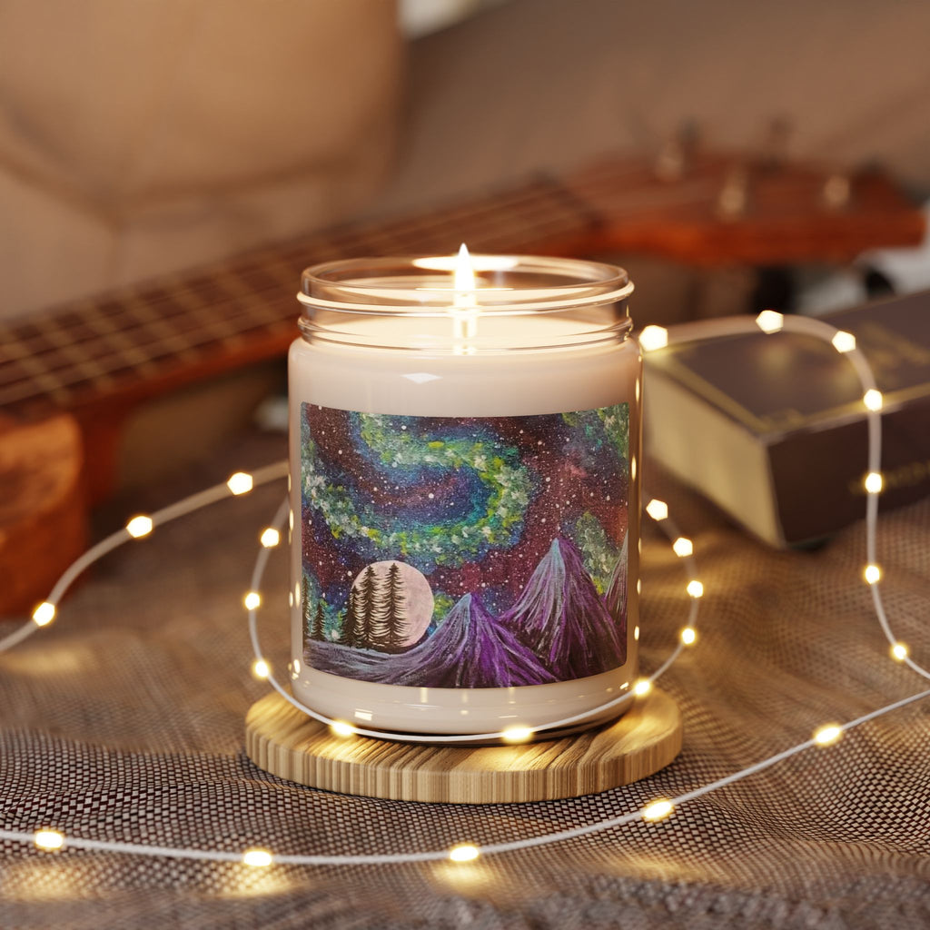 Aurora Night Soy Candle — 9oz Scented Jar with Mountain & Moon Artwork